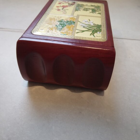 ASIAN WOODEN VINTAGE TRINKET JEWELRY ENAMEL FLOWERS BAMBOO ROSEWOOD BOX - Picture 3 of 9